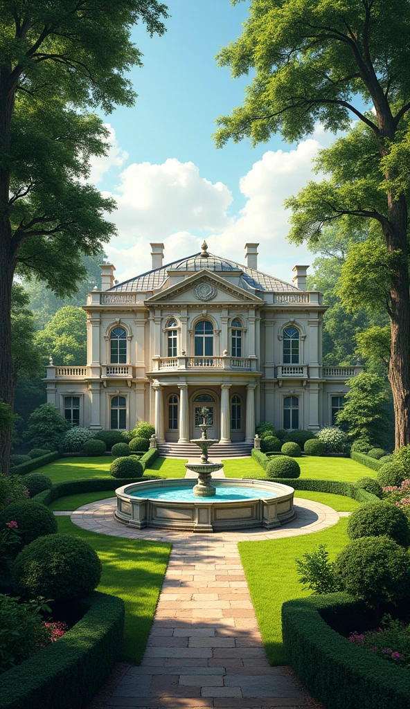 A grand estate surrounded by lush, meticulously maintained gardens, with tall, ancient trees and a marble fountain at the center. The mansion itself exudes timeless elegance with its classical architecture, large windows, and ornate balconies, suggesting a life of inherited wealth and tradition.