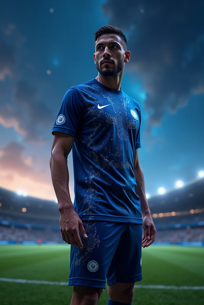 Blue soccer jersey related to space and astronomy
