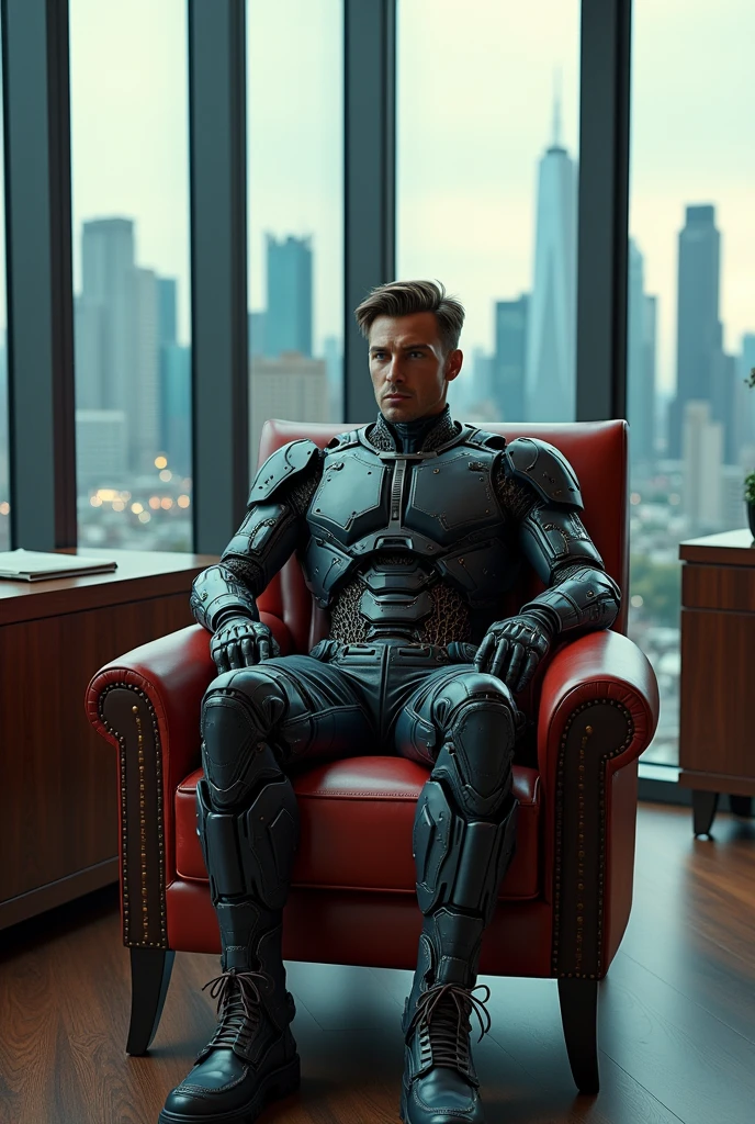 a skyscraper office in the big city, the cyborg man sits in a luxurious chair, heavy man boots, high quality, absurdres, masterpiece, beautiful, intricate details, 1/2 body crop, slim body, beautiful figure, magnificent anatomy, (intricate details:1.12), HDR, (intricate details, hyper-detailing:1.15), (natural skin textures, hyper realisitc, soft light, Sharp:1.2)