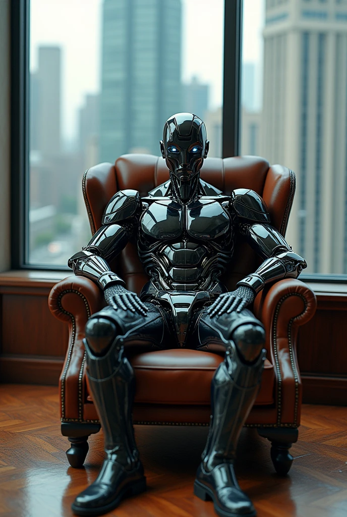 office in a skyscraper in a big city, Cyborg man sits in a luxurious chair, Heavy Men's Boots, high quality, absurdity, masterpiece, Beautiful, complex parts, 1/2 body finishes, slender body, Beautiful figure, Magnificent Anatomy, (complex parts:1.12), HDR, (complex parts, hyperdetailing:1.15), (natural skin textures, hyperrealistic, soft light, spicy:1.2)