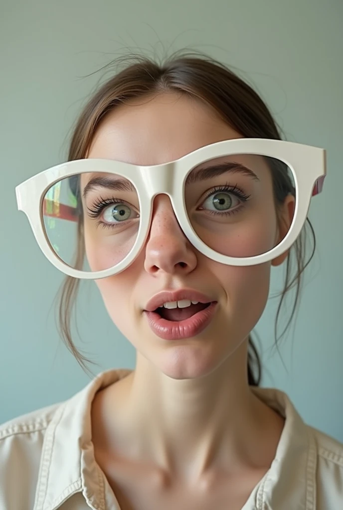 very thin crazy girl wear big White frame of glassb, funny photo
