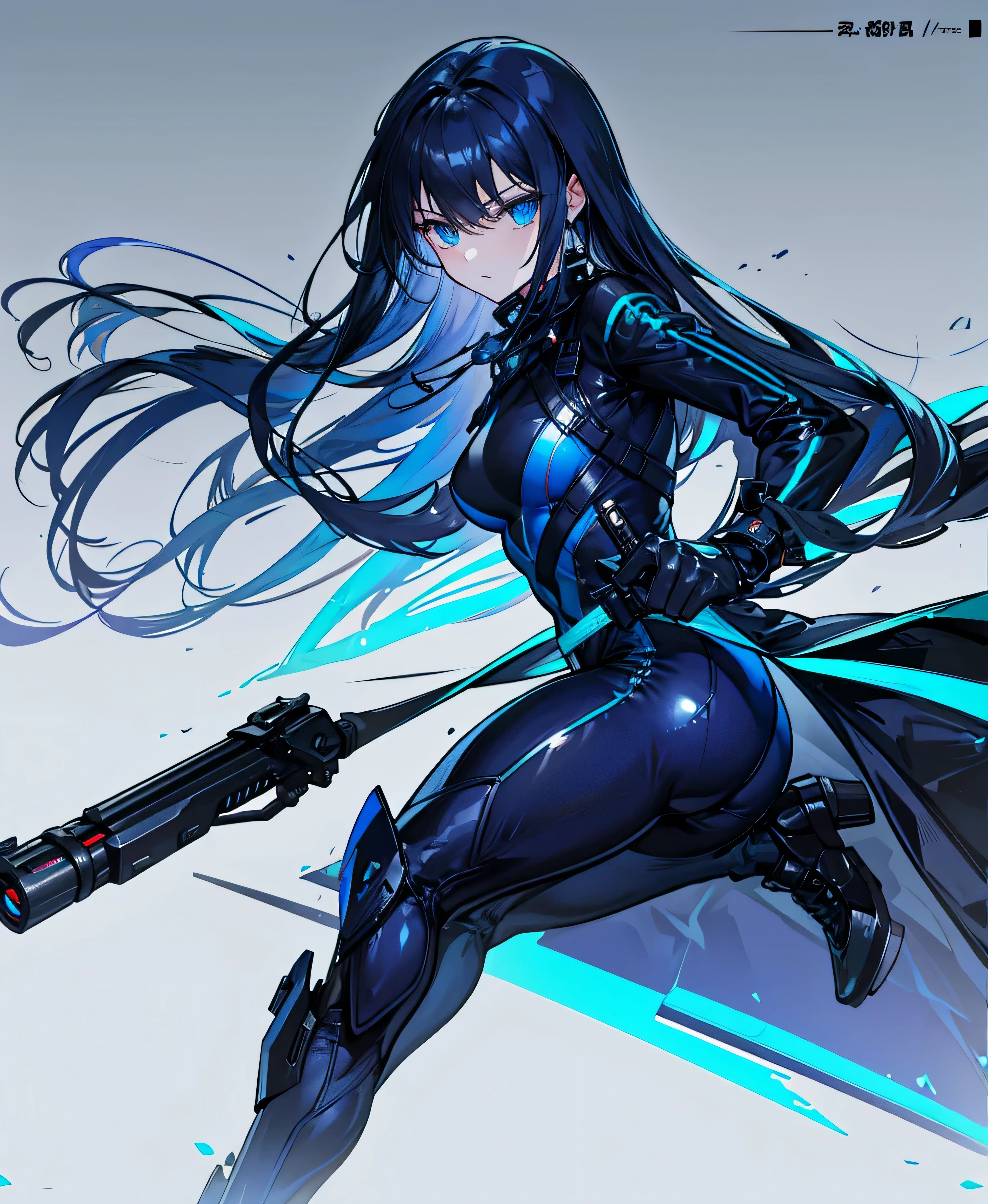 There is no background,,Carry a firearm,Patent leather tight suit,Use of firearms,Navy blue long hair,attention arousal,Blue colored eyes,No gradients