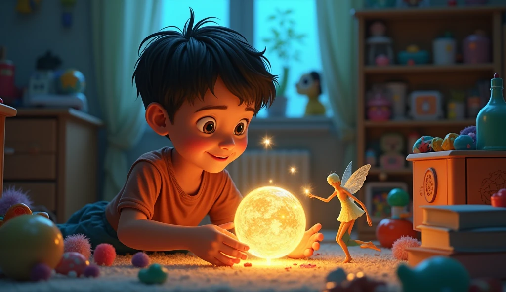 Generate a realistic photo.Image: Chintu, a young boy with curious eyes, is playing with the old glass among his toys. The glass starts glowing with a magical light, and a fairy begins to emerge from it.