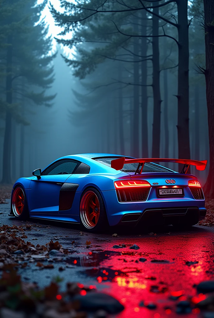Audi r 8 Sport Chrome Baby blue Big spoiler in red Maximum tuning Cool sports tires Neon lights glowing red 4k ultra hd In the forest dark Real