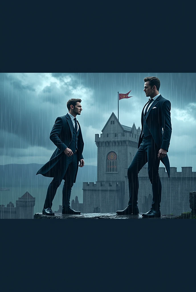 Two handsome men dressed in black under the rain doing a face-off on top of a castle