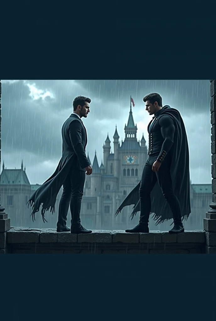 Two handsome men dressed in black under the rain doing a face-off on top of a castle