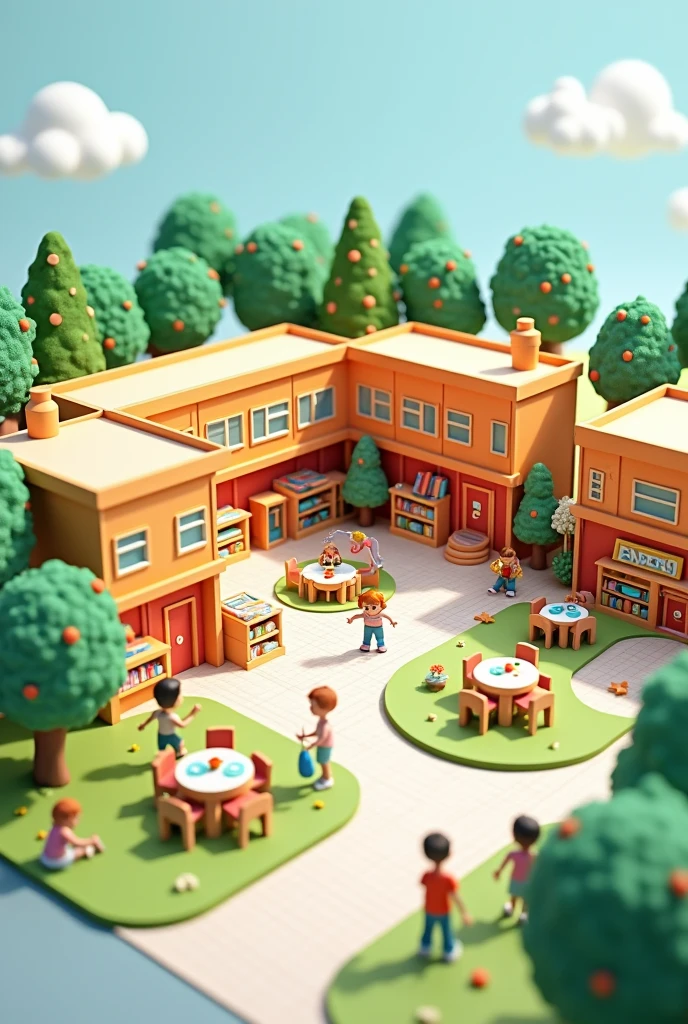 drawing 3D model of kindergarten that involves
1. entrance
2. Classroom
3. Indoor play area
4. Art and craft room
5. Reading room and mini library
6. Dining room
7. Bedroom and rest
8. Bathroom and toilet
9. Outdoor play area
10. Teachers and staff offices
11. Health room
12. Stores and storage rooms
13. Music and movement room
14. Lobby space
15. Technological learning space