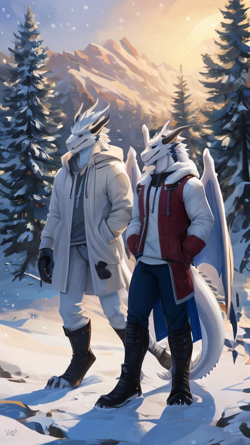 Anthropomorphic character, 2 man, white dragon, gold eyes, muscular body 0,5, black paws, white dragons wings, white dragon tails, white clothes, white hoodie, white pants, snow, winter, white backround,