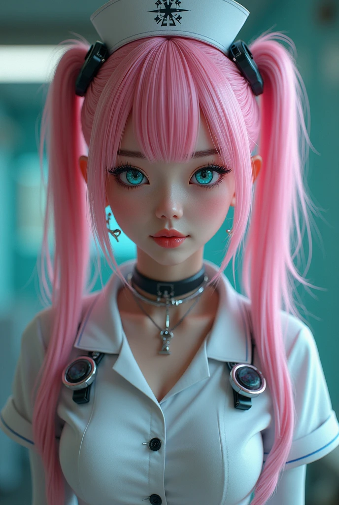 araffe dressed in a nurse uniform posing for a picture, oppai, hyperrealistic schoolgirl, oppai cyberpunk, pink twintail hair and cyan eyes, photorealistic girl render, seductive realistic girl,  girl cosplay, biomechanical oppai, a hyperrealistic schoolgirl, yayoi kasuma