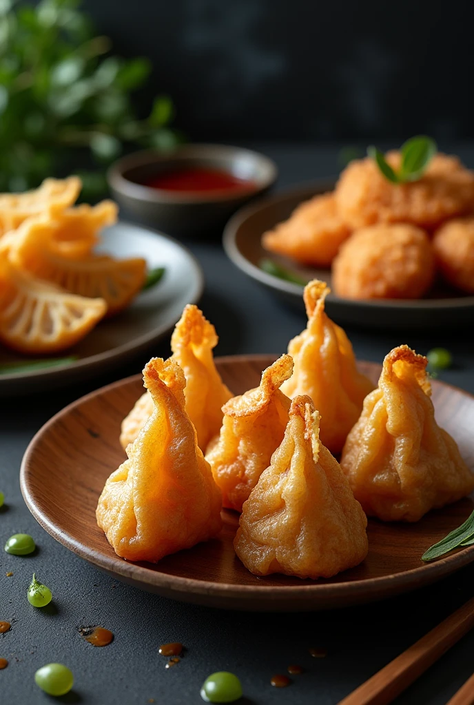 Fried wonton on a wooden plate and tempura on another plate accompanied with sauces and chopsticks on a dark background