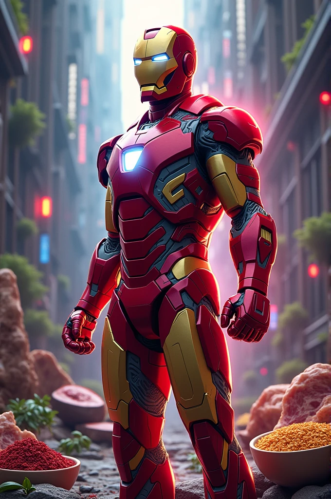 What food to eat when iron deficiency make it as a picture in ratio of (9:16) with the concept of marvel character (iron man) saying.