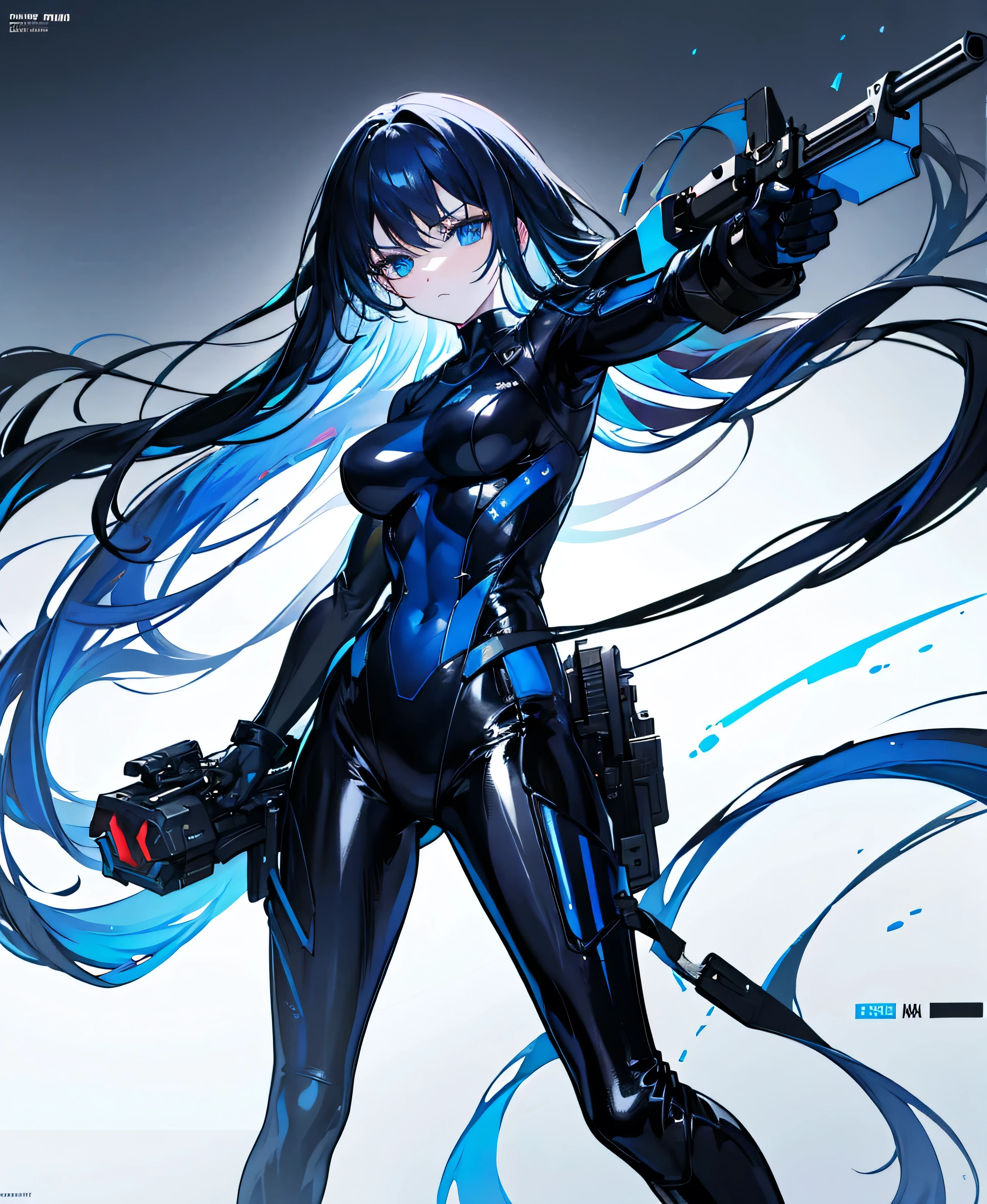 There is no background,,Carry a firearm,Patent leather tight suit,Use of firearms,Navy blue long hair,attention arousal,Blue colored eyes,No gradients