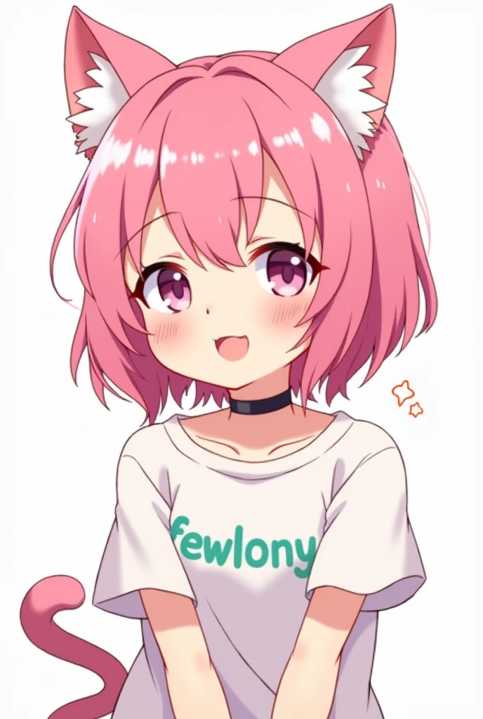 kawaii anime elementary school cat girl with pink hair and wearing a choker wearing a shirt that says “fewlony”
with white background