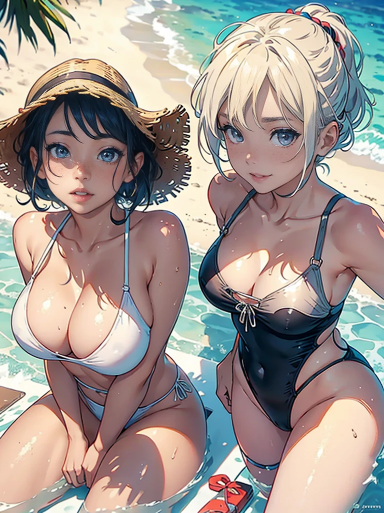 a beautiful woman in a summer beach, wearing a revealing swimsuit, smiling innocently, with tousled wet hair, sun-kissed skin, a mole under her left eye, and a hint of cleavage visible, (1 girl:1.1), detailed, photorealistic, ultra-detailed, 8k, (sensual:1.3), cute freckles, (sexy:1.15), vibrant colors, natural lighting, soft focus