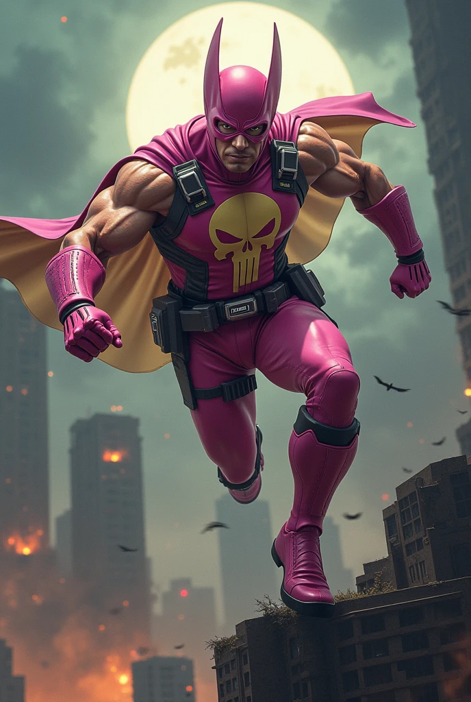 ((CLOSE UP HALF BODY PORTRAIT 1:3))Malaysia man in high-tech suit, vivid effects, malaysian superhero (KELUANG MAN) in a striking pink and(( beige costume cyberpunk design, mask small mini bat ear beige)), ((daredevil beige mask)), jumpsuit dark pink stands confidently in a dramatic.jumping from high place.hero costume.one hand rise up((shine effect)). Big triangle logo on the chest.high detail Punisher logo on the chest. Fighting pose , stormy landscape. ((Head covered node guard like batman. Running pose , athletic body type, small mini ear bat mask))The character wears domino mask a helmet with pointed mini torn ears and a flowing cape biege, open nose and mouth. Equipped with visible futuristic weapons on a belt,bullet proof jacket pink dark day.show fingers pose, dark night, big supermoon effect . Small logo on chest triangle shape small punisher logo center triangle cyber logo center on chest pink logo mini logo((WEAR LOOSE CARGO PANT.)) . rocky. Building top.smoke ground , bomb effect background, losse pants, losses costume.adding to --ar 3:4 --style raw --stylize 500 --v 6.1. chaos. Lot of small flying bat. One leg on the high stone. Man . Real man age 40 year old. One hand holding belt.one hand holding black rope hanging on building