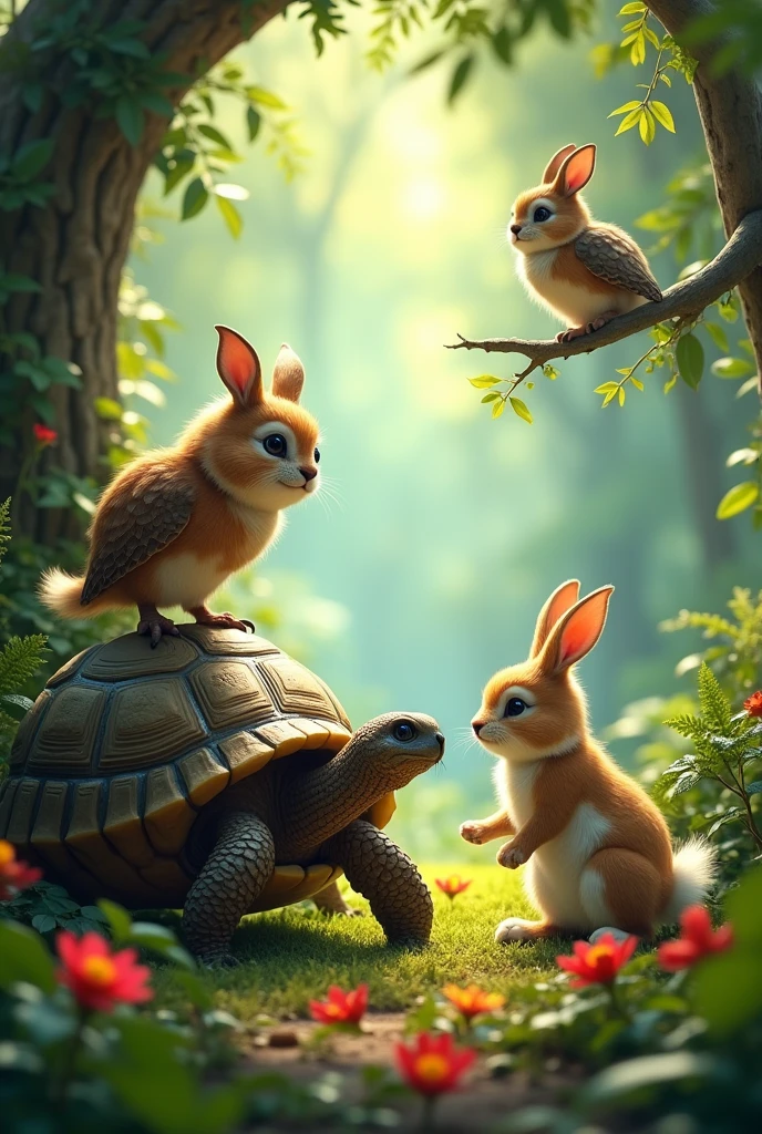 Picture of a tortoise, an owl and a rabbit in a jungle