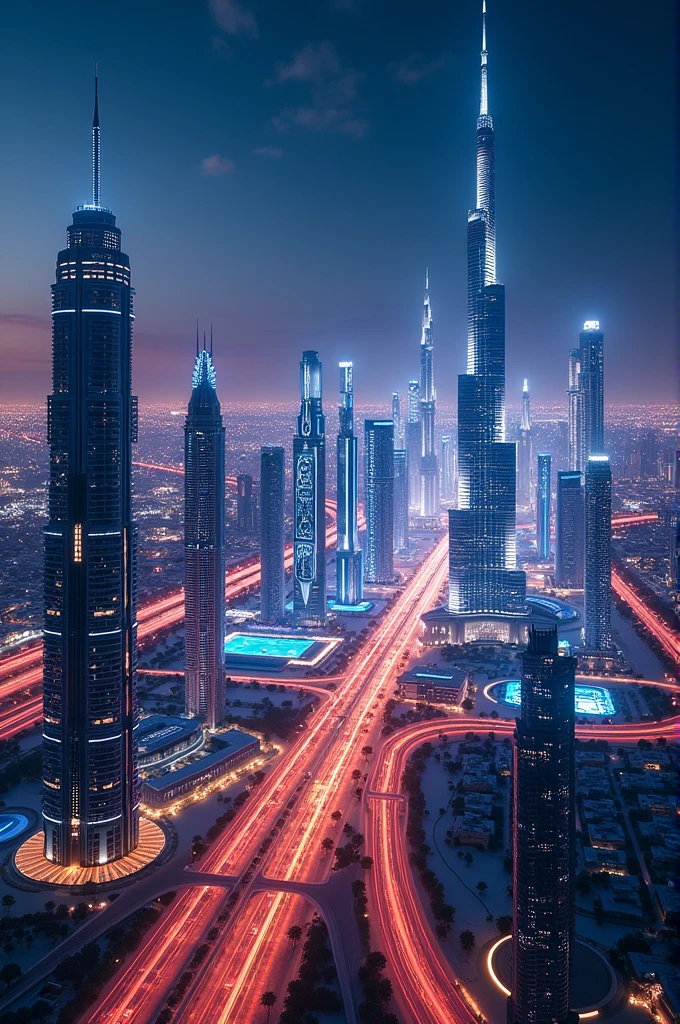 Create a visually stunning thumbnail that showcases the futuristic and luxurious essence of Modern Dubai. Incorporate iconic landmarks like the Burj Khalifa, sleek skyscrapers, and vibrant city lights. Use a bold and modern design style with a color scheme that reflects the city's energy and sophistication."
The text should be The Evolution of Dubai
This prompt should inspire a thumbnail that's eye-catching, modern, and representative of Dubai's innovative spirit!