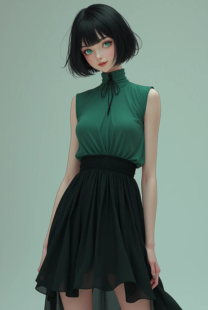 vampire girl, snow white skin, sky blue eyes, very short black hair, smile with fangs, green sleeveless turtleneck shirt, black calf length dress, and black sandals