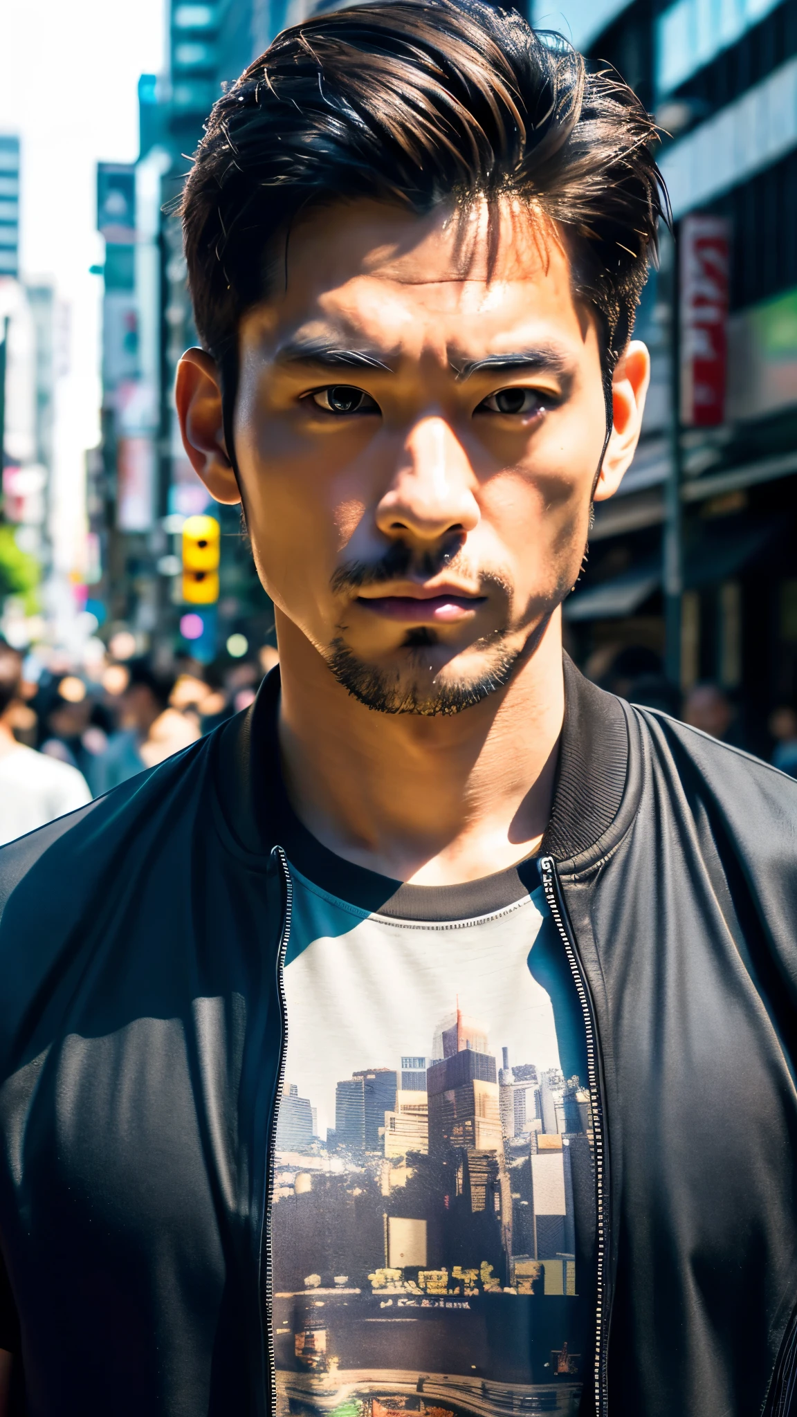 Photorealistic, 8K full-body poster, Handsome man, Japanese, 1 male, Serious expression, Sharp Eyes, Attractive look, Detailed facial details, muscle, Tokyo, summer, T-Shirts, Shibuya in the background