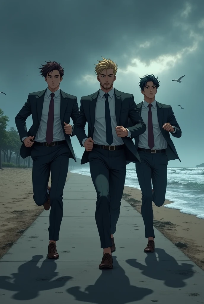 Create a dark scene of a trio of three professionally dressed anime men jogging on a Sunday on the beach sidewalk.