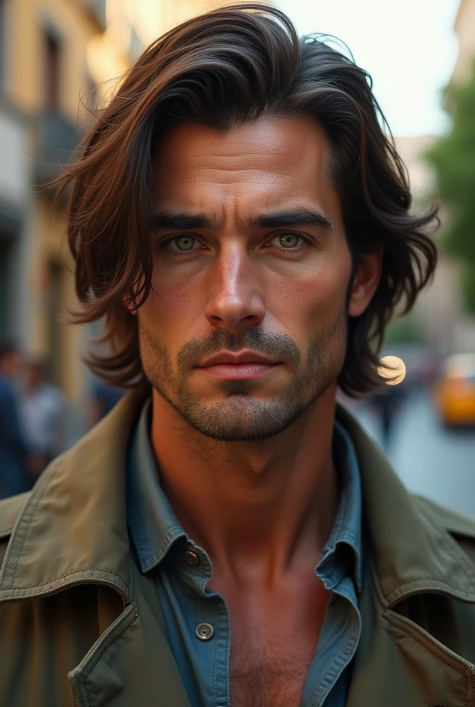 MAN WITH MID-LENGTH BROWN HAIR, a little muscular but not too much, and charismatic GREEN eyes