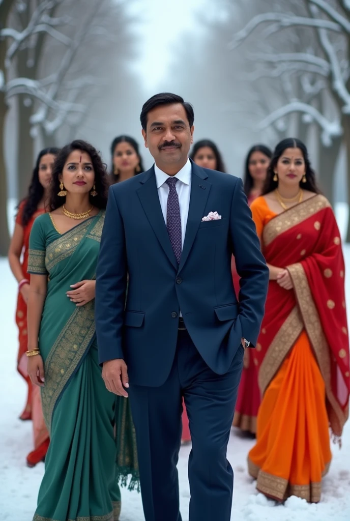 Bengali Man in navy blue suit with women in saree,,in snow in Germany, pick the saree color which seems most suitable