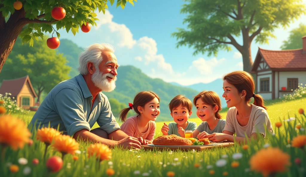 "Crie uma cena vibrante e realista que capture o momento de restauração de Good. En el centro de la imagen, Good, an elderly man but full of vitality, is shown in a lush field under a clear, sunny sky. He is surrounded by his new children and grandchildren, everyone smiling and enjoying a picnic. Ao fundo, a simple house, but welcoming, symbolizes your new family and prosperity. A expressão de Good deve refletir felicidade e gratidão, as he watches his family with love. Elements of nature, like flowers and fruit trees, represent the abundance and blessing he received after his trials. Include details that convey the idea of time passing., like a huge tree in the background, symbolizing the generations that witness his full life."