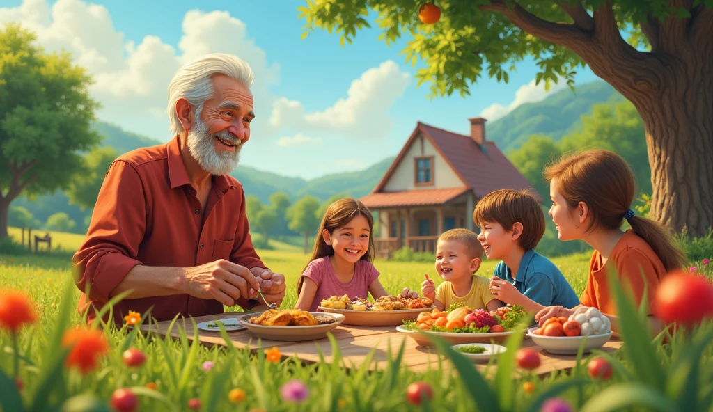"Crie uma cena vibrante e realista que capture o momento de restauração de Good. En el centro de la imagen, Good, an elderly man but full of vitality, is shown in a lush field under a clear, sunny sky. He is surrounded by his new children and grandchildren, everyone smiling and enjoying a picnic. Ao fundo, a simple house, but welcoming, symbolizes your new family and prosperity. A expressão de Good deve refletir felicidade e gratidão, as he watches his family with love. Elements of nature, like flowers and fruit trees, represent the abundance and blessing he received after his trials. Include details that convey the idea of time passing., like a huge tree in the background, symbolizing the generations that witness his full life."