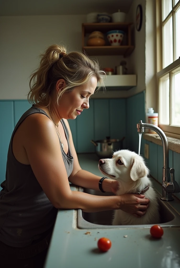 a woman washing a dog in a kitchen sink, in the kitchen, cooking it up, katy perry fixing a leaking sink, at the counter, cooking, touching her clothes, wearing dirty travelling clothes, low quality video, cooking show, uhd candid photo of dirty, in a kitchen, gif, waist - shot, 30-year-old woman from cuba