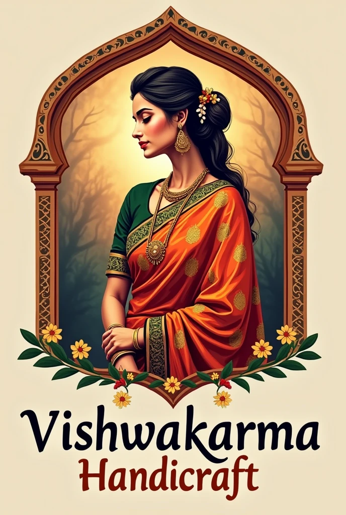 Vishwakarma handicraft logo with ladies wear saree  with name Vishwakarma handicraft 