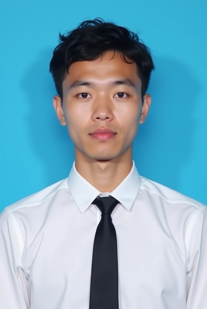 passport photo of young man, short neat curly hair, white shirt, black tie, thin eyebrows, oval face, blue background, flat face