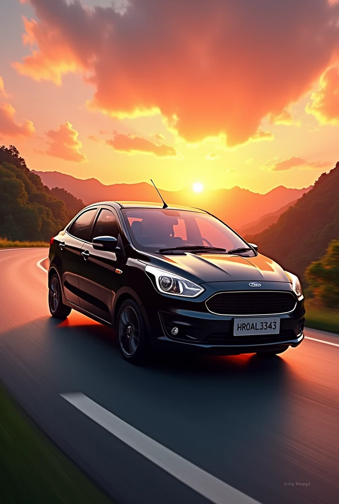 black ford figo with registration number HR04L3343 drving on highway in sunset