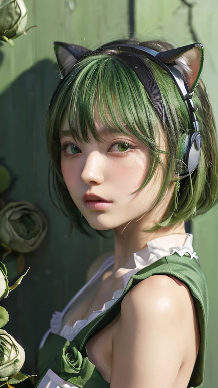 (Emo art:1.6), masterpiece, 4K, Bokeh, high school girl, Beautiful Face,  (Cat ear:1.3), (Green Bob Hair:1.6) , (Japanese Idols:1.6), Blushed, (Green maid costume :1.4), Looking at the audience, close, 
 (Green background :1.4), ( A wall of lots of green roses:1.6)