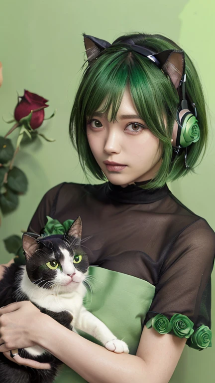 (Emo art:1.6), masterpiece, 4K, Bokeh, high school girl, Beautiful Face, (Cat ear:1.3), (Green Bob Hair:1.6) , (Japanese Idols:1.6), Blushed, (Green maid costume :1.4), Looking at the audience, close,
(Green background :1.4), ( A wall of lots of green roses:1.6)