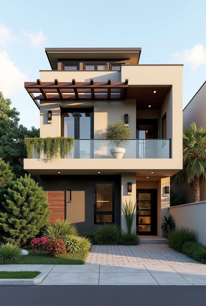 Make a not so big house 1. styled: moderno/contemporary, with touches of the classic.
2. Improve security, without closing the front too much (Wall). . Trazer elementos naturais como Wood, vegetation, stones etc.
3 4. Give more volume to the facade and/or sensation of volume.
5. Facade with personality and creative solutions.
6. Monica appreciates: pergola, gram, plants, glass, Wood, stones, more neutral overall tones, with contrasting points, a mix of coziness and sophistication etc..