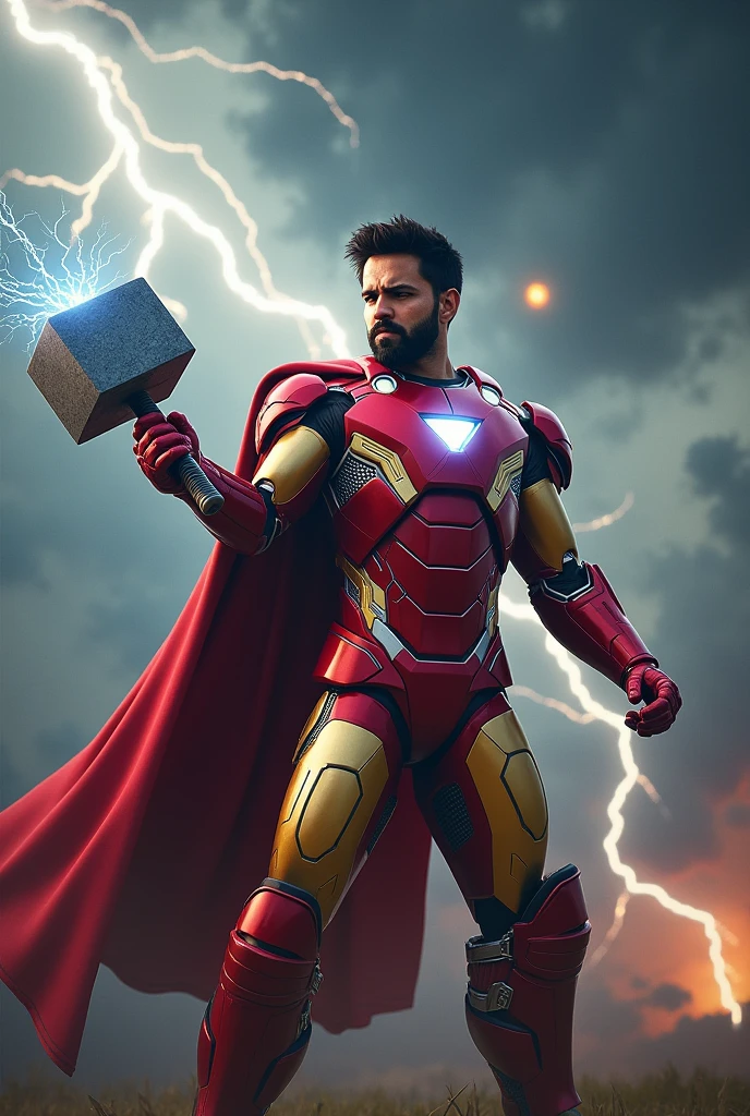 Rohit sharma wearing ironman suit and holding a thor hammer