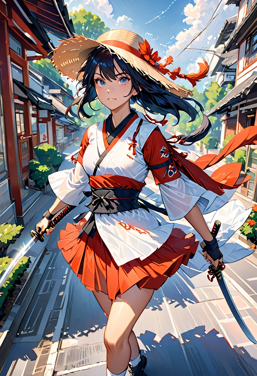 ninja girl, She is wearing a combat uniform and a mask., holding a katana sword,In the city, wearing a straw hat