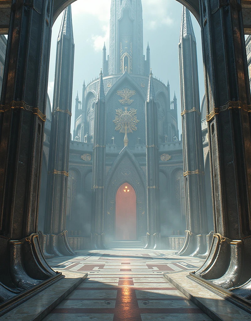 Battle arena, surreal, mystery. Ancient scene. Metal, steel, chrome, silver. Symmetrical view. Exclude human, people, silhouette, shadowy figure.