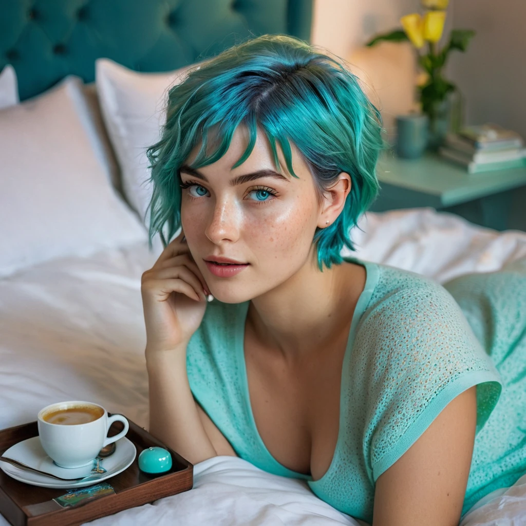 Woman 20 Years Old Nordic Ethnicity, short blue hair with a perfect face and light freckles, Blue-Green Eyes, A soft, intimate shot of NovaiBrew in bed with a coffee tray. The setting is cozy and elegant, with her lounging comfortably, a book or magazine nearby, view from above ((Color palette - turquoise, neon green, yellow shades))