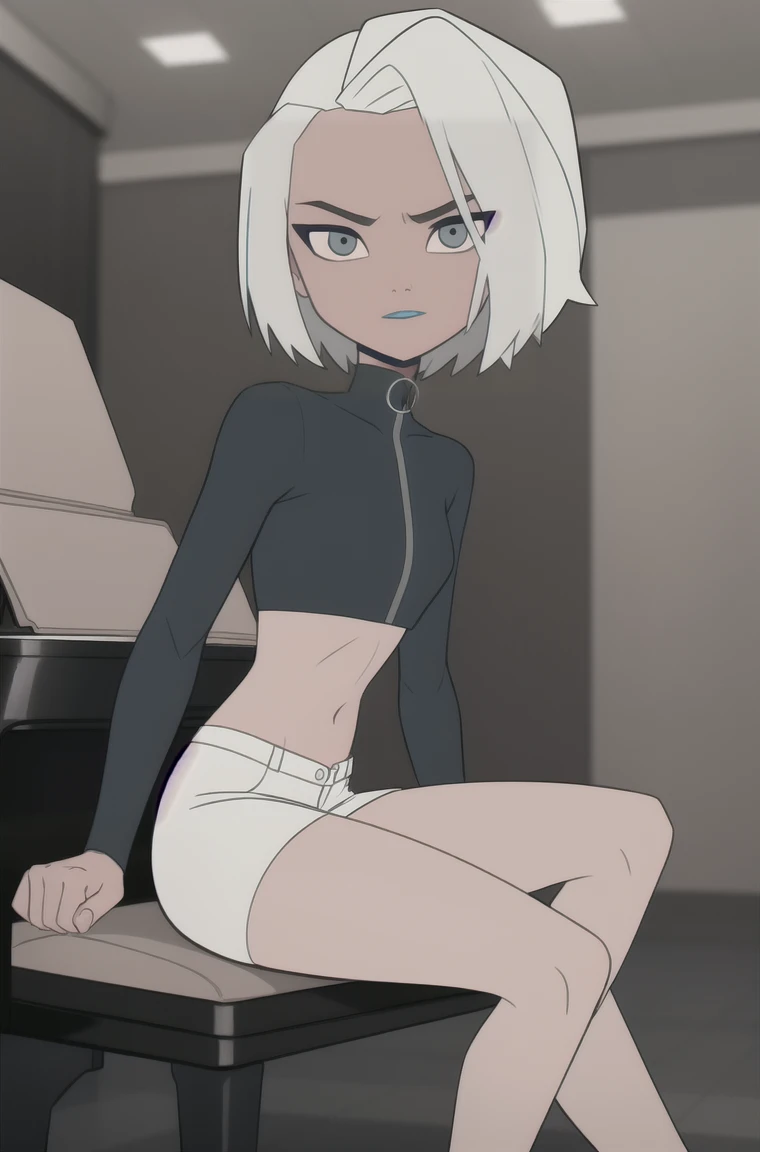 (dark theme:0.6), Glucose, 1 woman, mature and rough face, wrinkles on the face, cheekbones на лице, cheekbones,  short white hair, sexuality, in a black tight short dressblack color, figure top-models, Long legs, high growth, Height 1,75 м short white hair, haircut-barbershop, Straight hair, in the concert hall, sitting on a chair, играет на piano, piano, looks at the keys, dark colors, pomade, decrease, I look at the viewer, grey eyes, sharp image, Crop top, (HDR:1.22), Clear drawing, muted colors, complex background, hyper-detailed, Art [[Jordan Grimmer]],