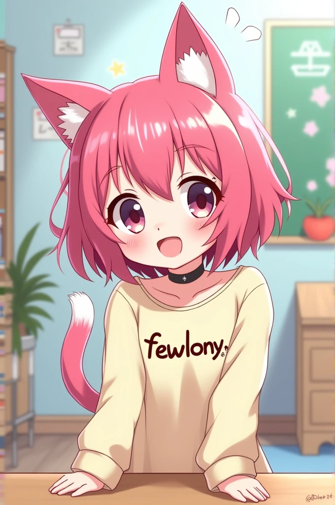 kawaii anime elementary school cat girl with pink hair and wearing a choker wearing a shirt that says “fewlony”