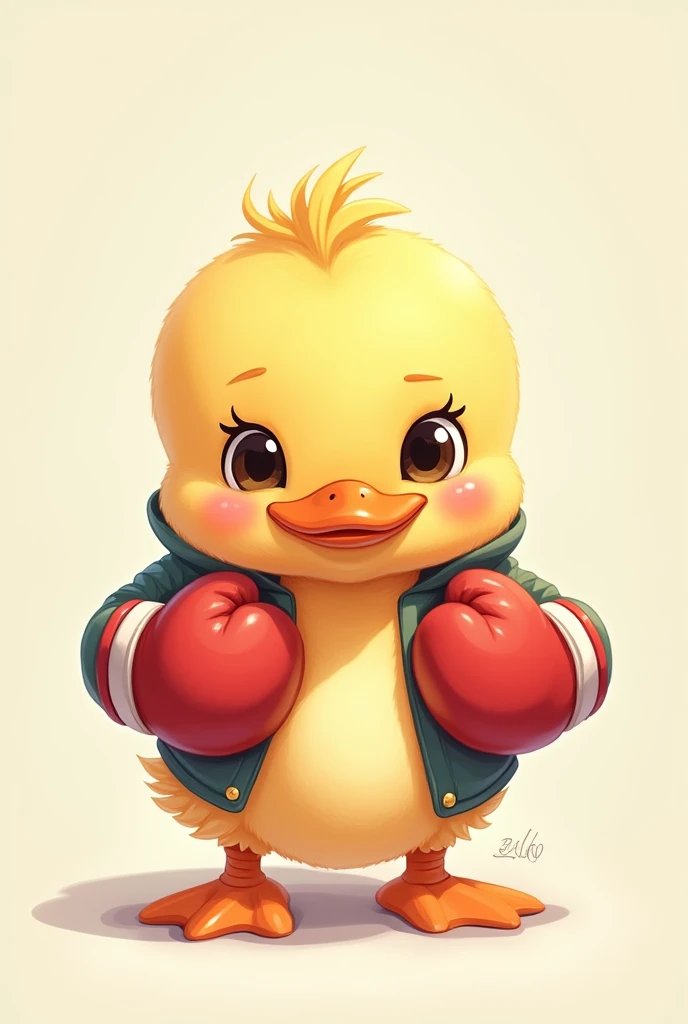 Drawing of a baby duck in a boxing suit and boxing gloves