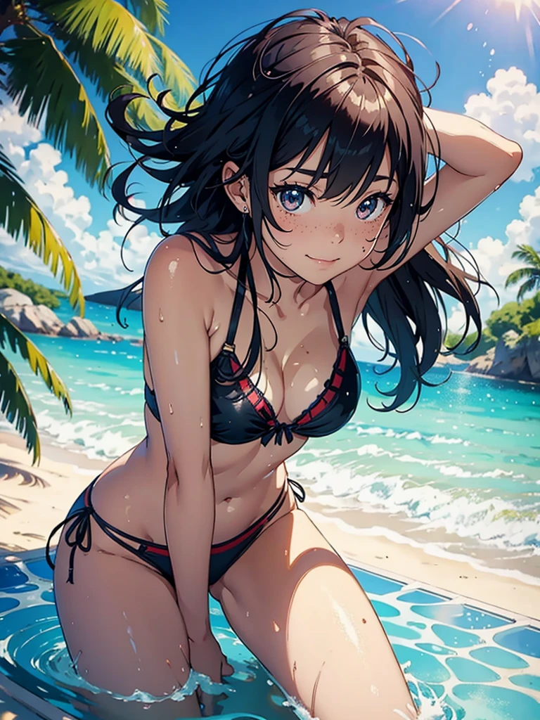 A cute anime girl in a colorful swimsuit on a summer beach, playfully smiling, with messy wet hair, sun-kissed skin, a beauty mark under her left eye, and a hint of cleavage, (1girl:1.1), best quality, 8k, photorealistic, masterpiece, dynamic lighting, vibrant colors, soft focus, detailed facial features, beautiful eyes, long lashes, cute freckles, sensual, playful