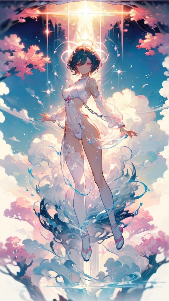 ((masterpiece, best quality)), Delicate face，goddess，cloud顶天宫，cloud，whole body，Long legs，Standing，dark skin，Perfect body proportions，Handsome short hair，Nice pink eyes，Fantasy style，Extremely beautiful，Pure white background，transparent，Large Breasts，nude，chain，sexly