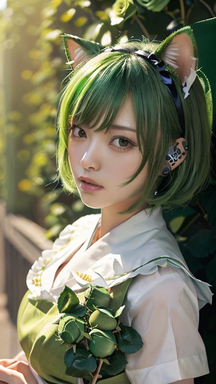 (Emo art:1.6), masterpiece, 4K, Bokeh, high school girl, Beautiful Face, (Cat ear:1.3), (Green Bob Hair:1.6) , (Japanese Idols:1.6), Blushed, (Green maid costume :1.4), Looking at the audience, close,
(Green background :1.4), ( A wall of lots of green roses:1.6)