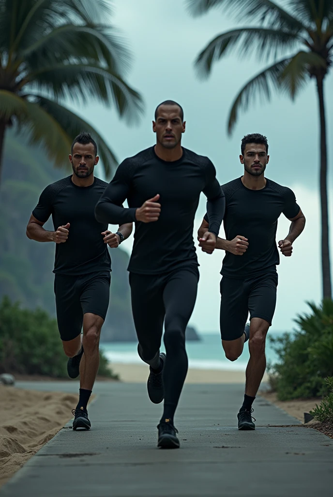 Create a dark scene of a trio of three men dressed in black anime sportswear running on a Sunday on the beach sidewalk.