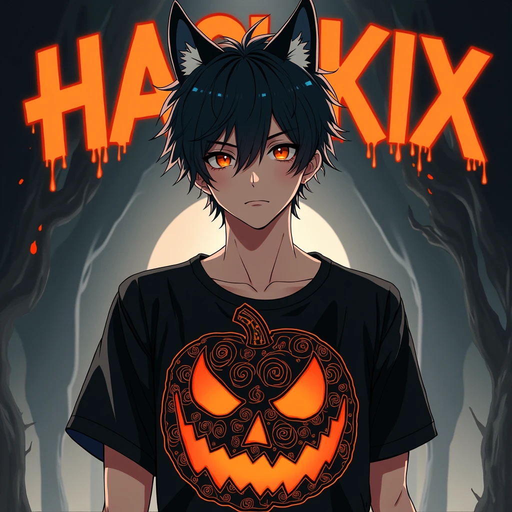 high quality, Very detailed, High detail, 最high quality, masterpiece, Wolf Ears, Anime Style, male, Large HAGUKIX letters at the top,Jack-o'-lantern design shirt