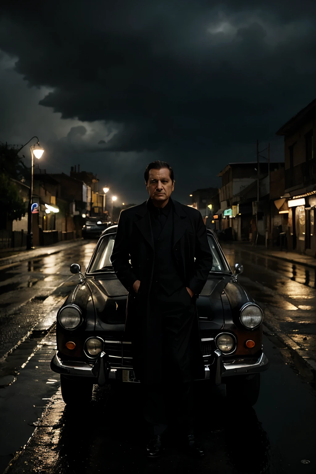 A Godfather Stand By A Road With Ak-47, Dark Weather, a single old car