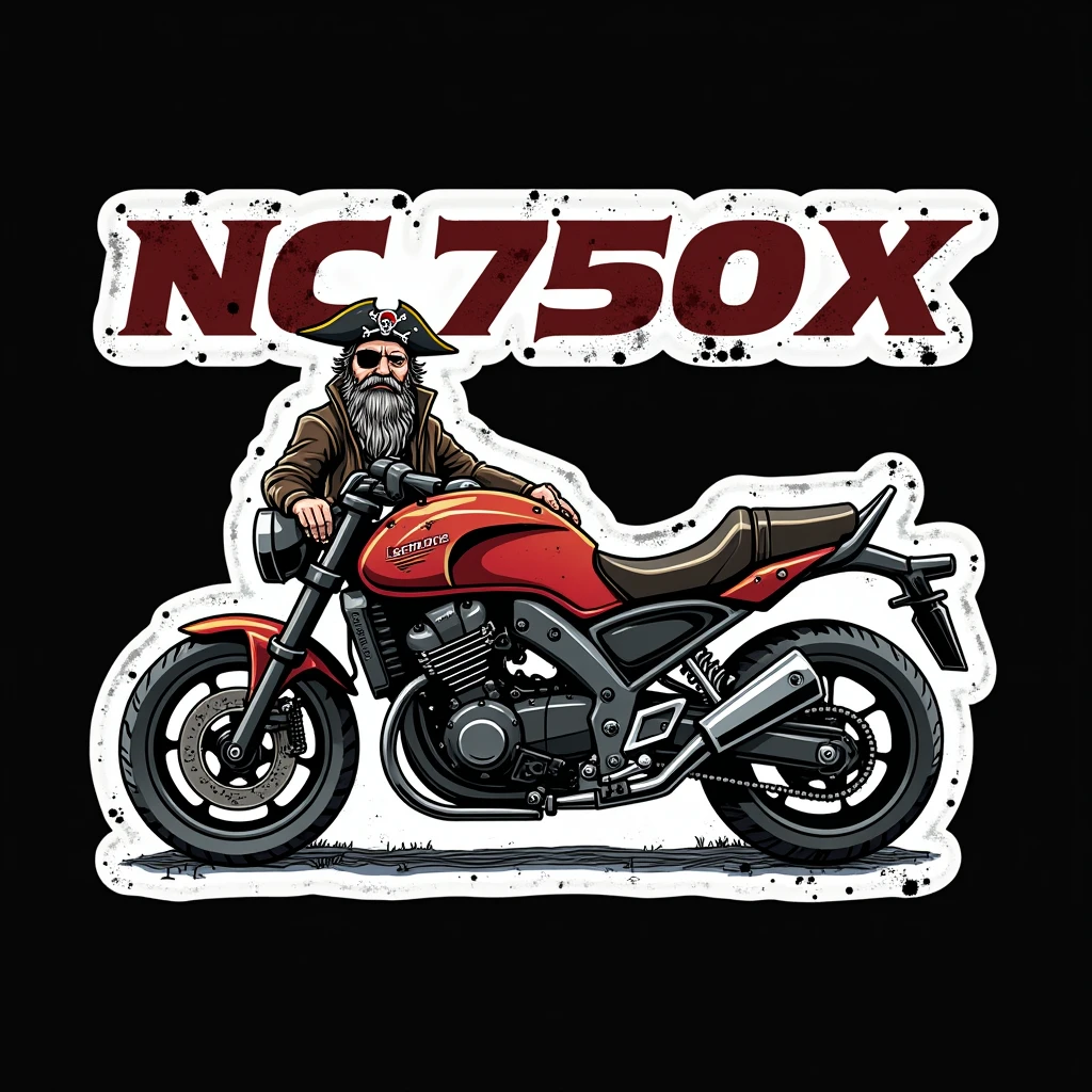 ((logo with white border:1.5)), crear un logo with white border de un pirata sentado en una honda NC750x, mountains background