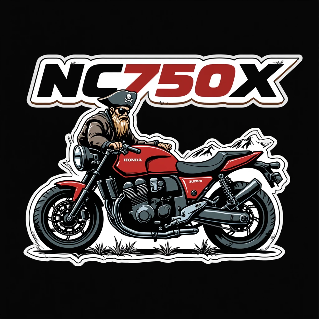 ((logo with white border:1.5)), crear un logo with white border de un pirata sentado en una honda NC750x, mountains background